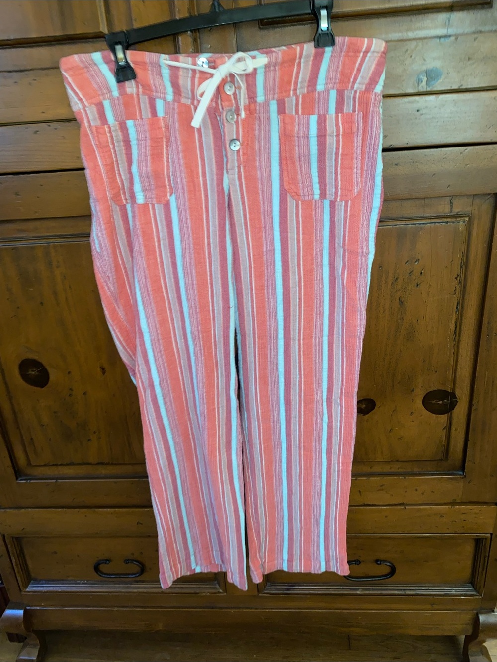 Sundance Striped Cotton Pants‎ Coral Mint Button Fly Drawstring Waist Size PS